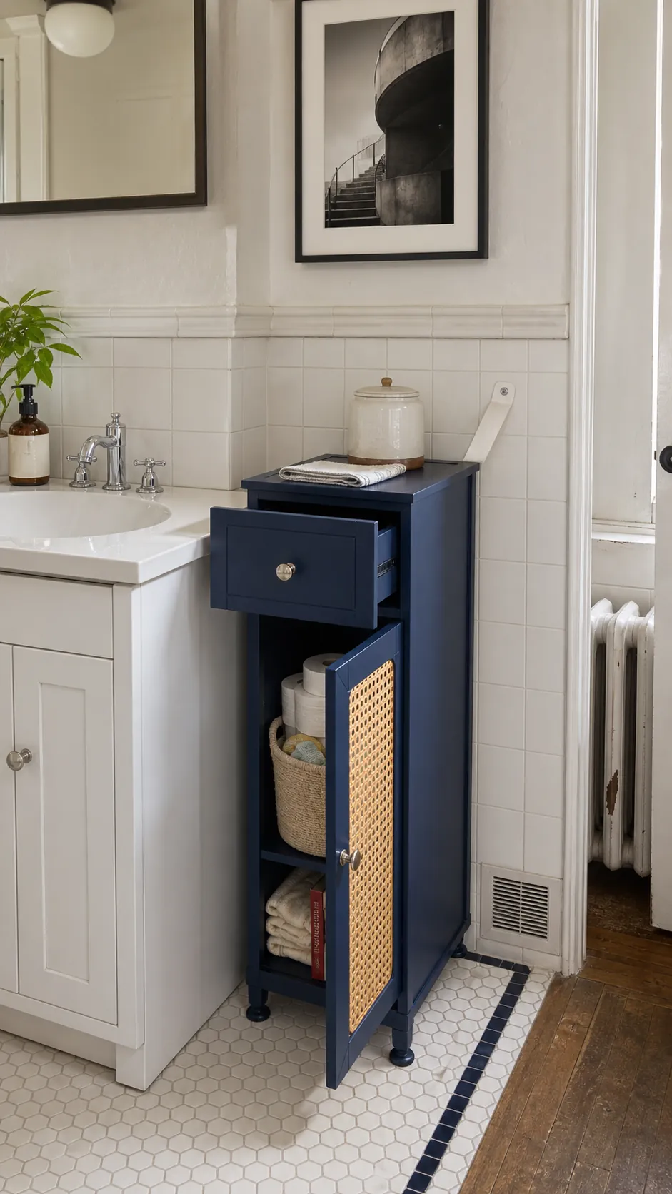 Freestanding narrow side cabinet paired neatly with a bathroom vanity
