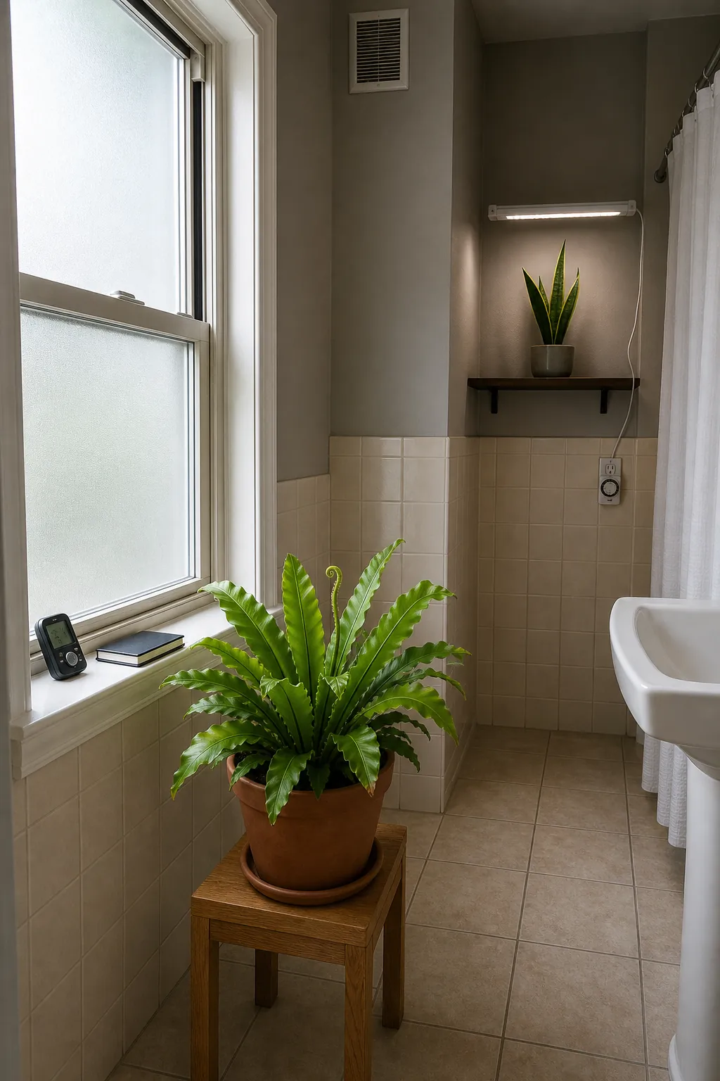 Bathroom plant beside a frosted window with a grow light in a darker corner
