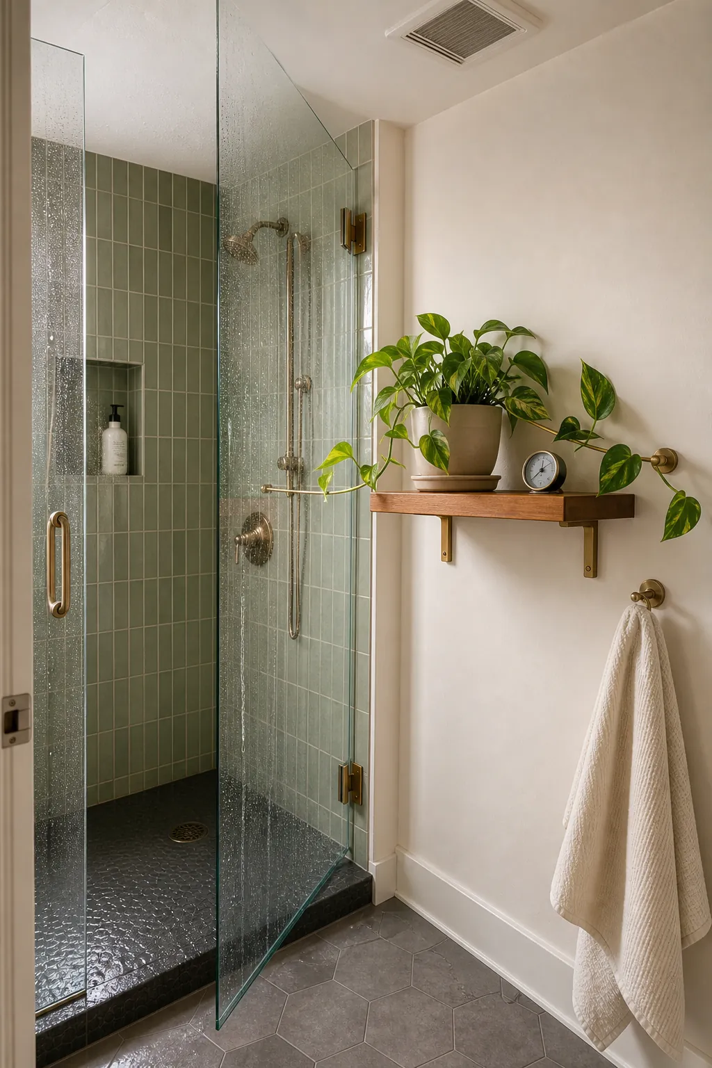 Pothos placed safely outside the direct shower spray zone