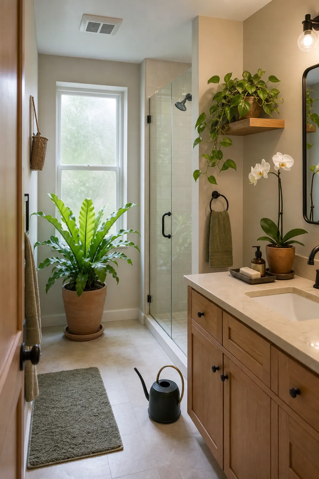Fresh natural bathroom with a healthy fern, pothos, and soft window light