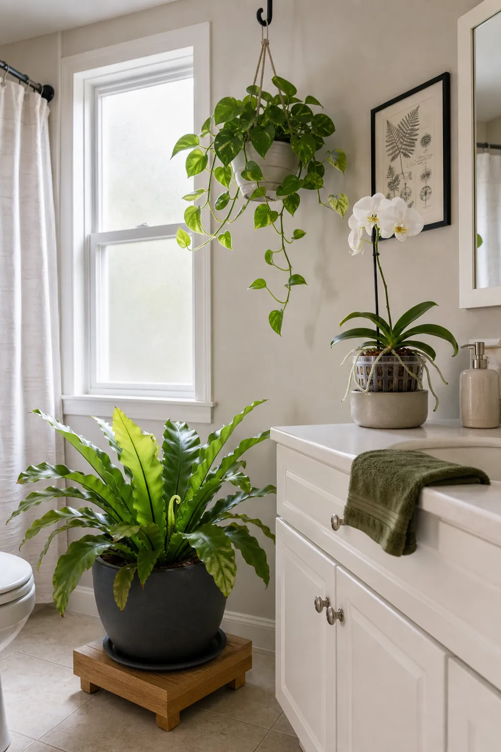 Healthy fern, pothos, and orchid arranged by their bathroom light needs