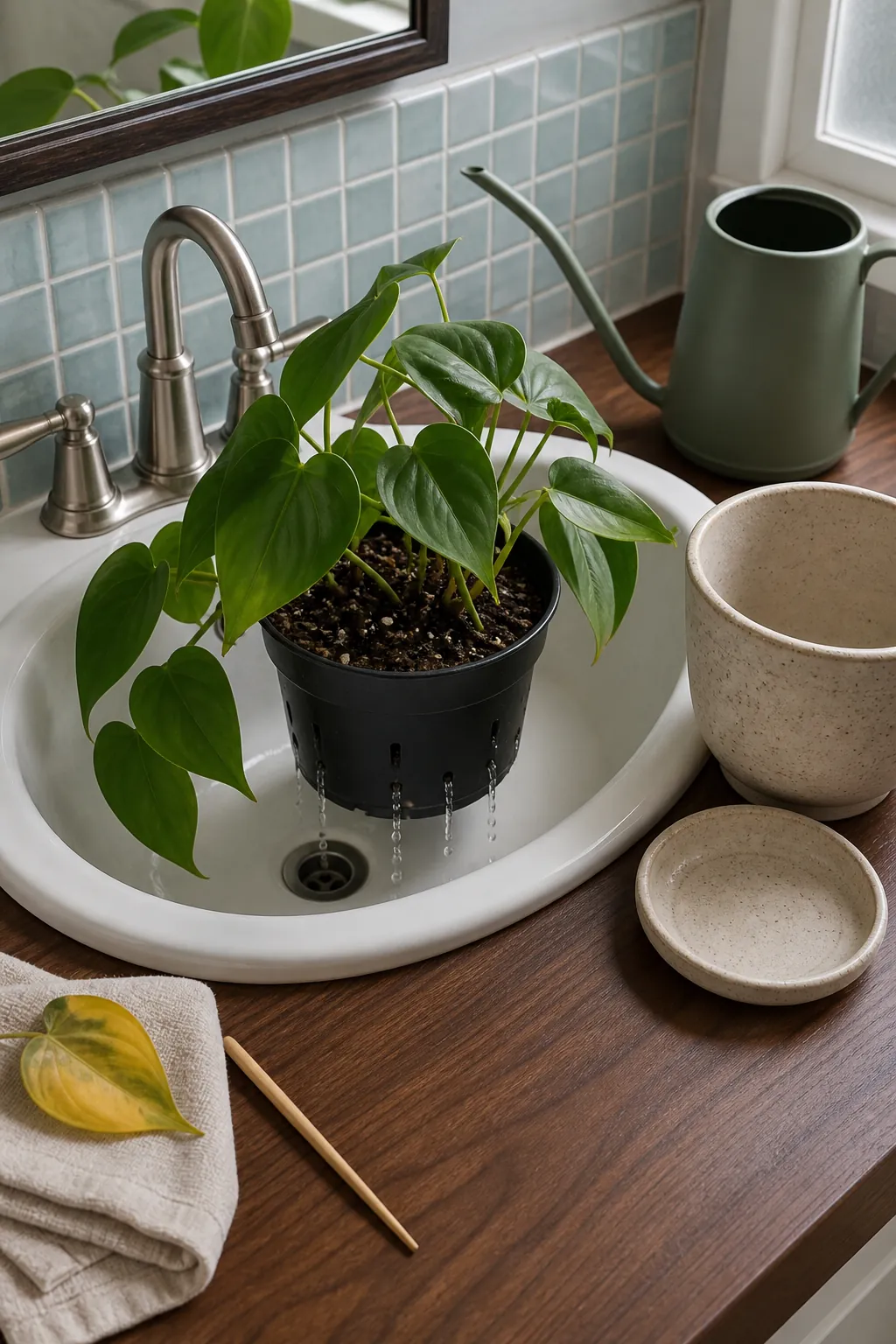 Bathroom houseplant draining in a sink beside an empty decorative cachepot