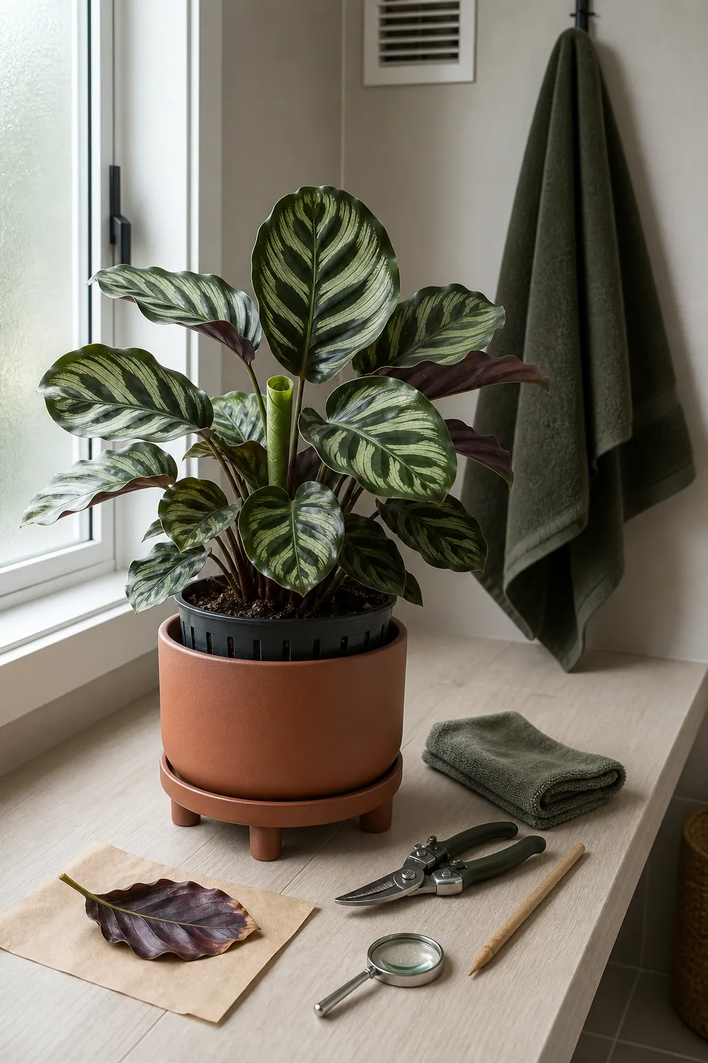 Weekly bathroom plant care check with clean leaves and healthy roots