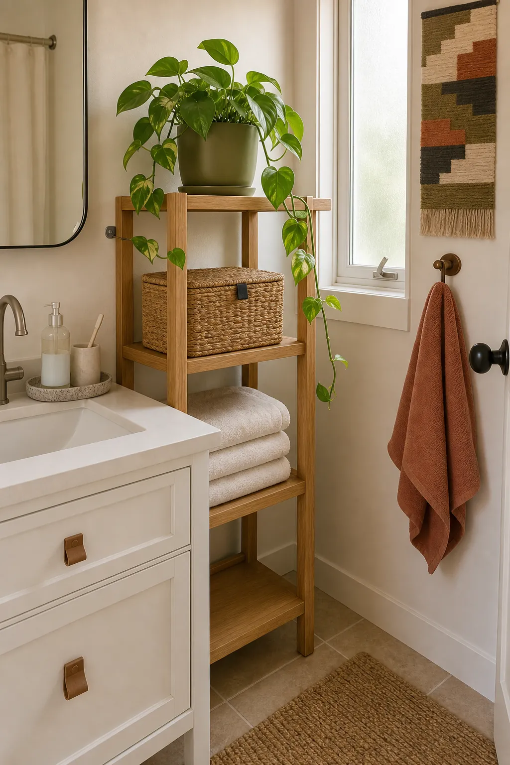 Fresh bathroom decor with one trailing pothos and organized shelves