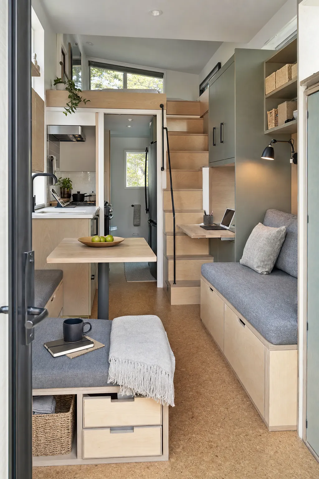 Tiny house interior with practical multi purpose furniture