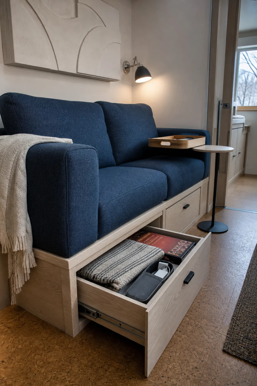 Compact tiny house sofa with accessible storage drawers underneath