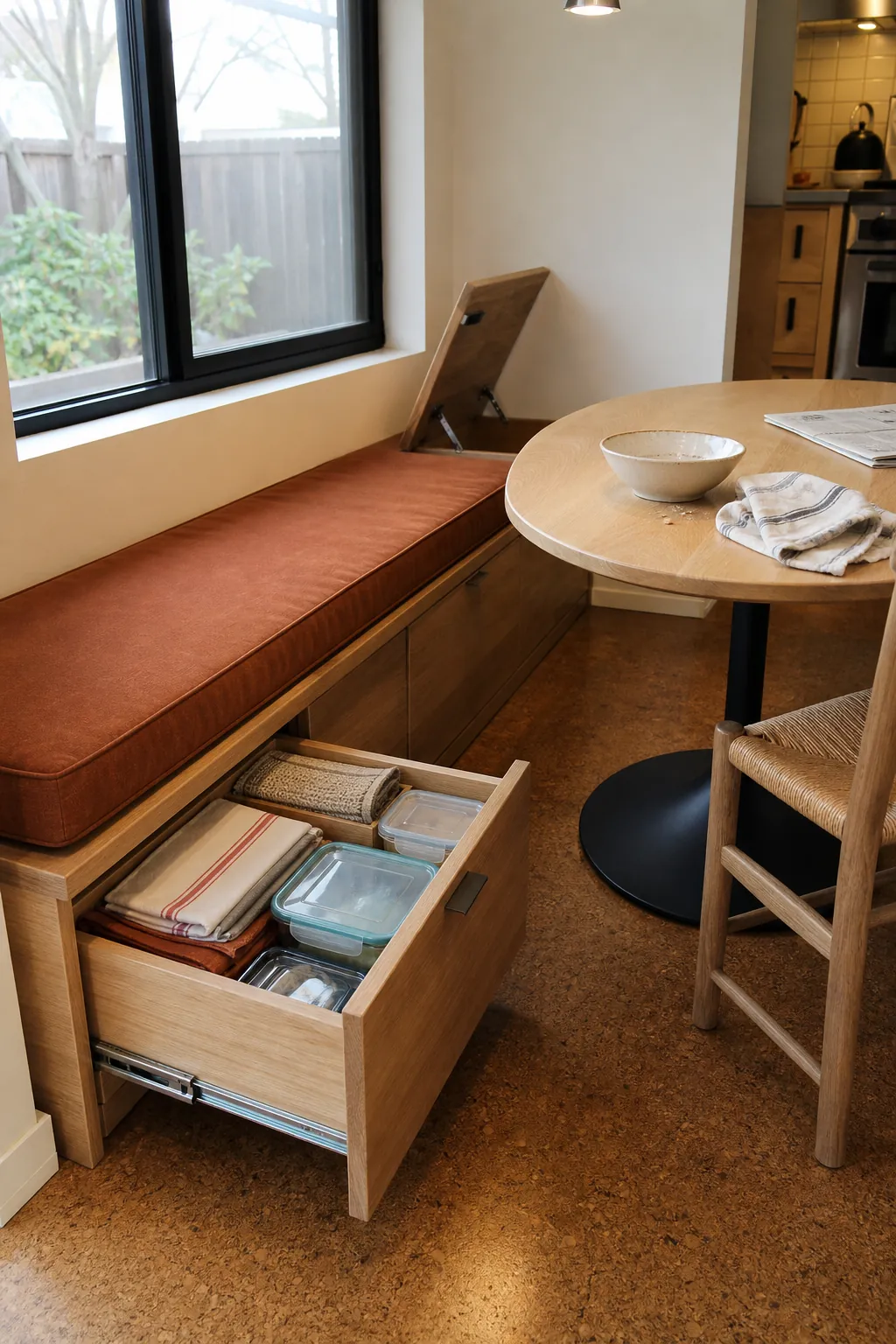 Tiny house dining bench with practical storage drawers and pedestal table