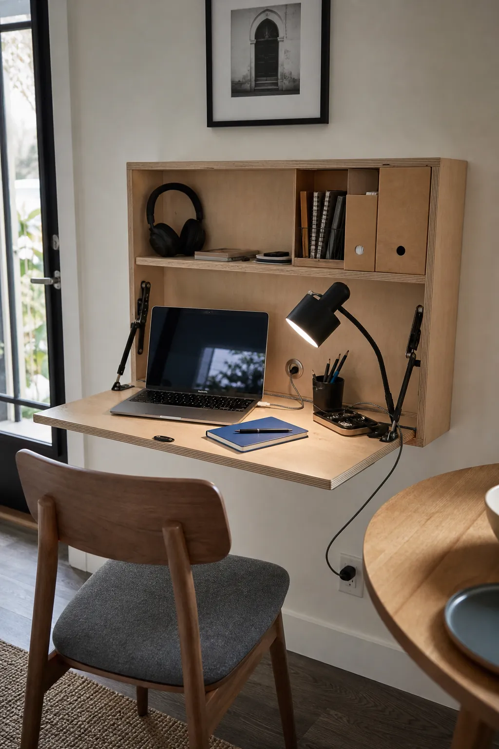 Fold-down wall desk with cable storage in a tiny house interior