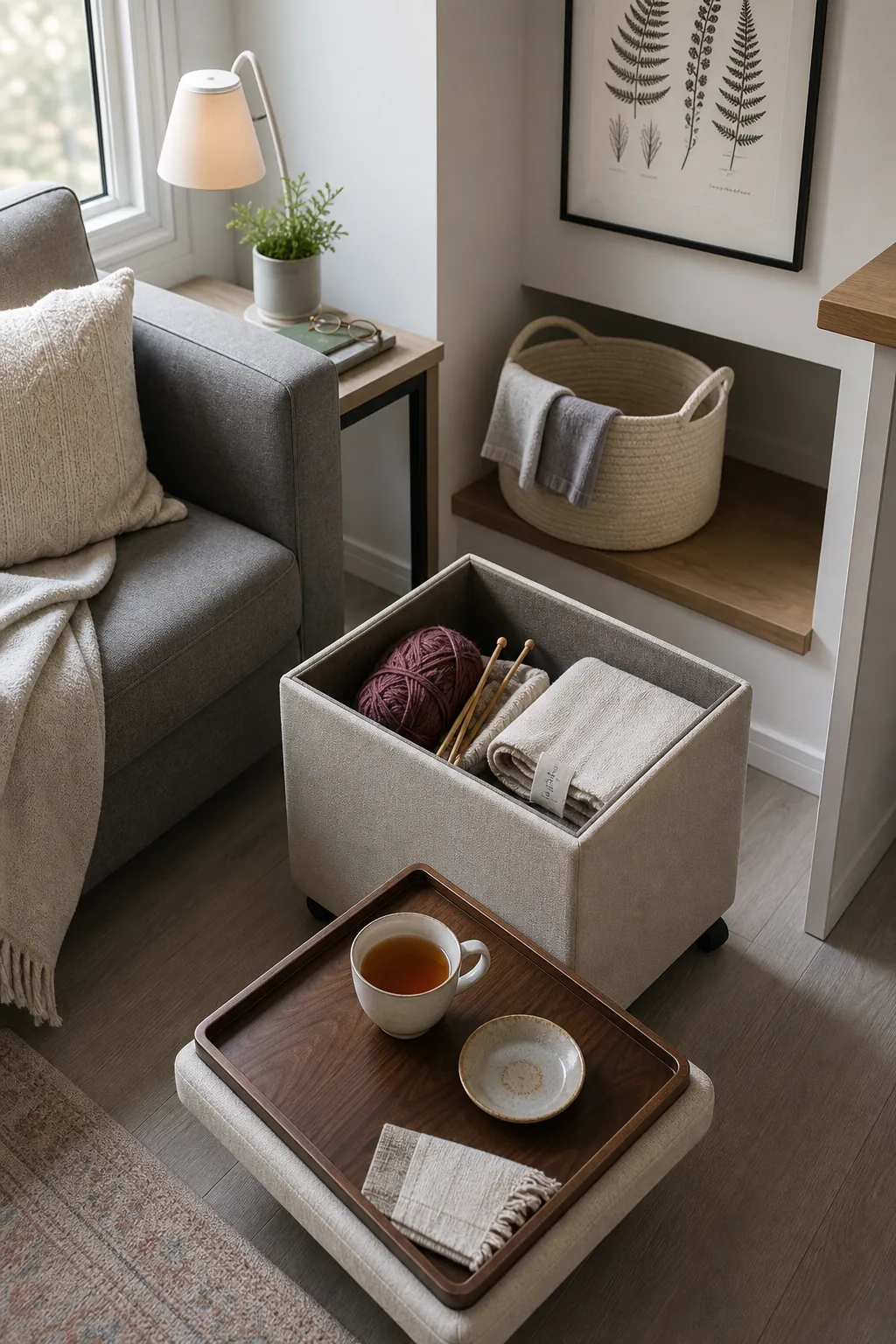 Mobile storage ottoman serving several practical roles in a tiny house