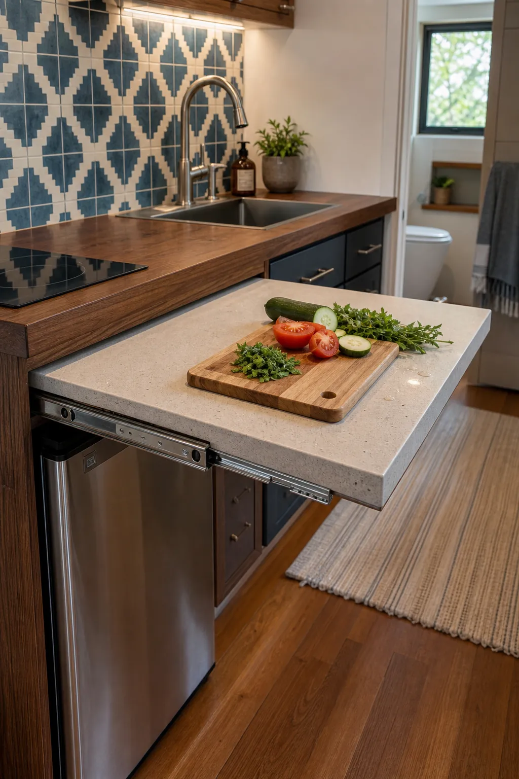Tiny house kitchen with a pull-out prep counter and clear access