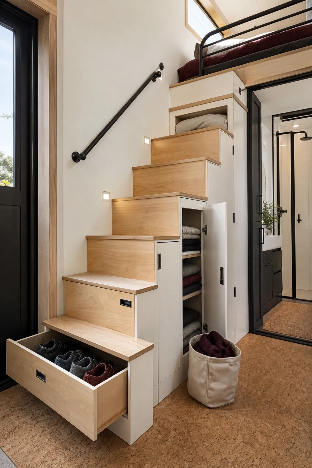 Safe tiny house staircase with drawers and reachable storage compartments