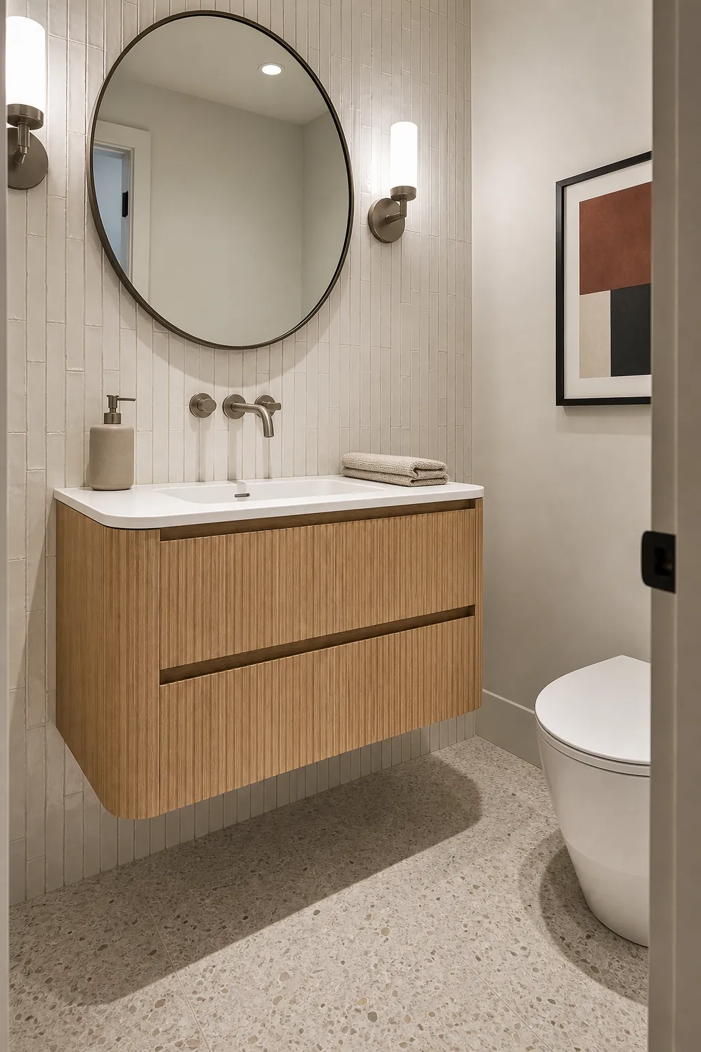 Pretty floating narrow oak vanity with open floor beneath