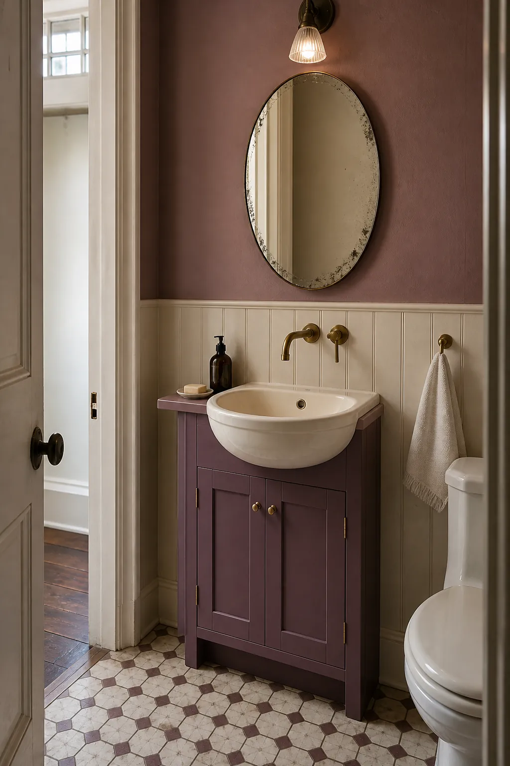 Sculptural oval basin on a slim colorful bathroom vanity