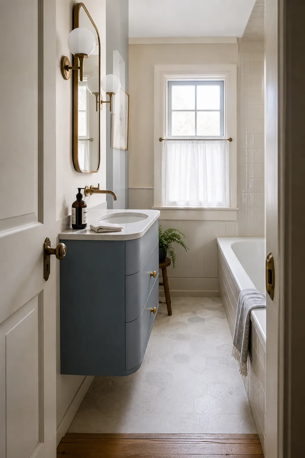 Pretty narrow bathroom vanity in a light compact bathroom