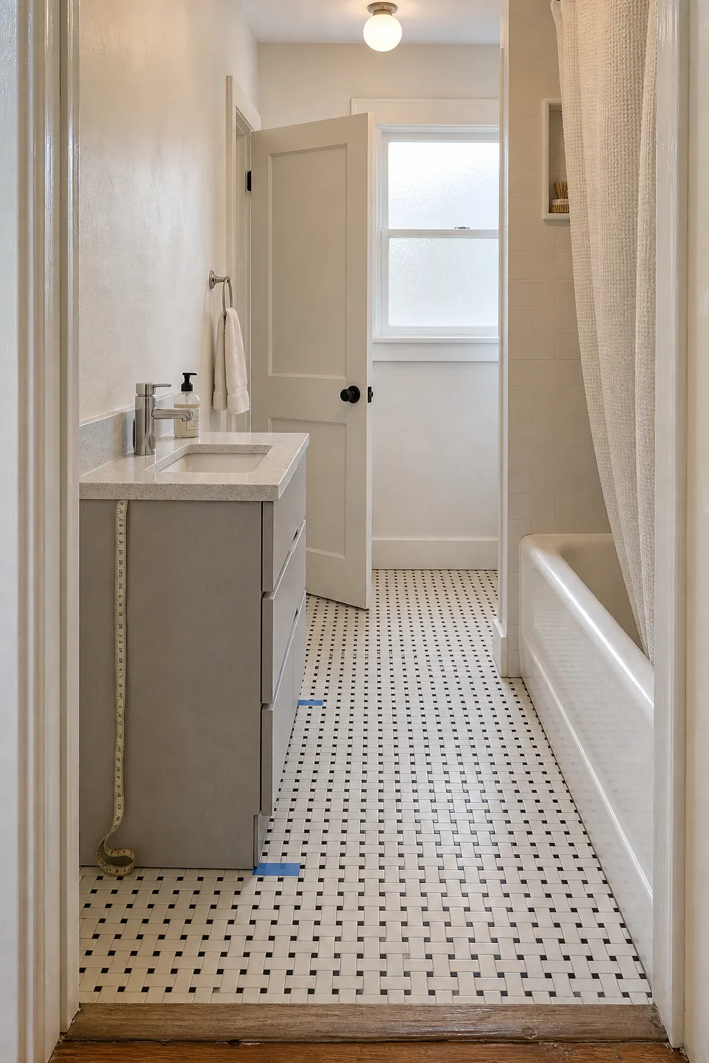 Shallow bathroom vanity preserving a comfortable narrow walkway