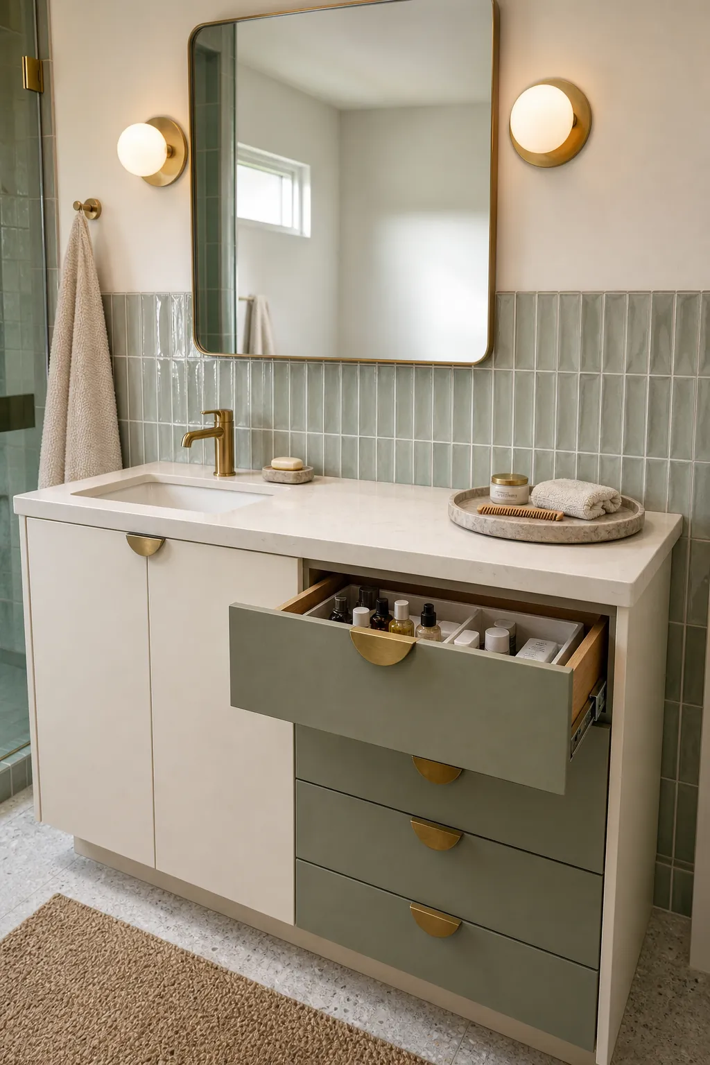 Narrow bathroom vanity with offset sink and usable side drawers