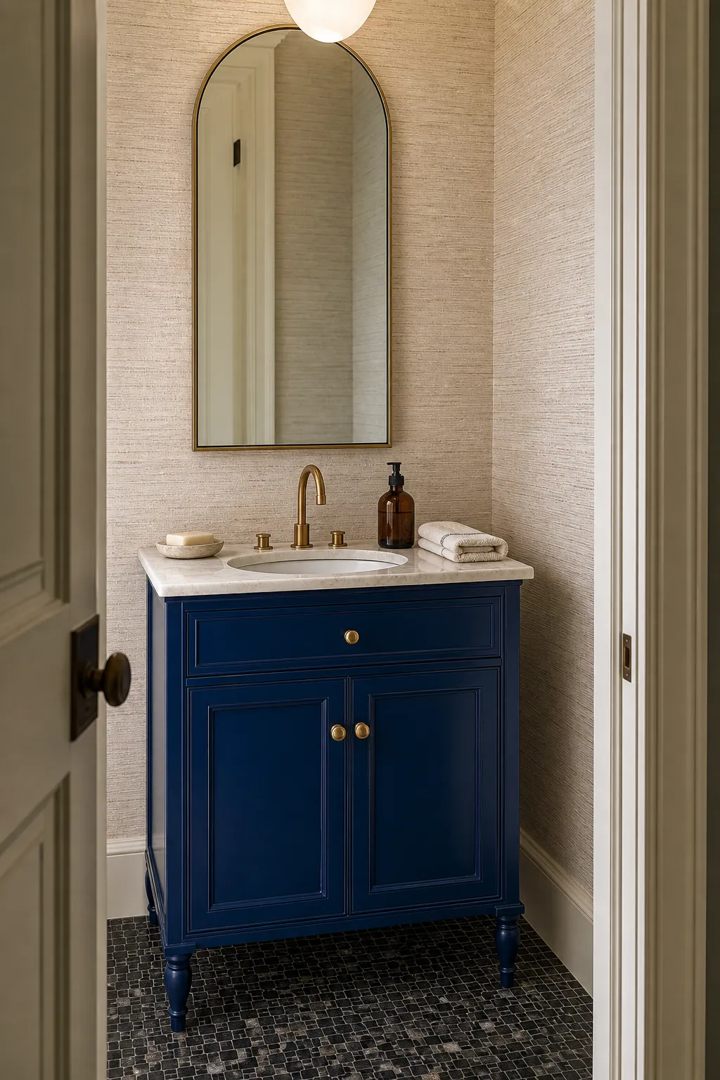 Deep blue narrow vanity styled with restrained bathroom decor