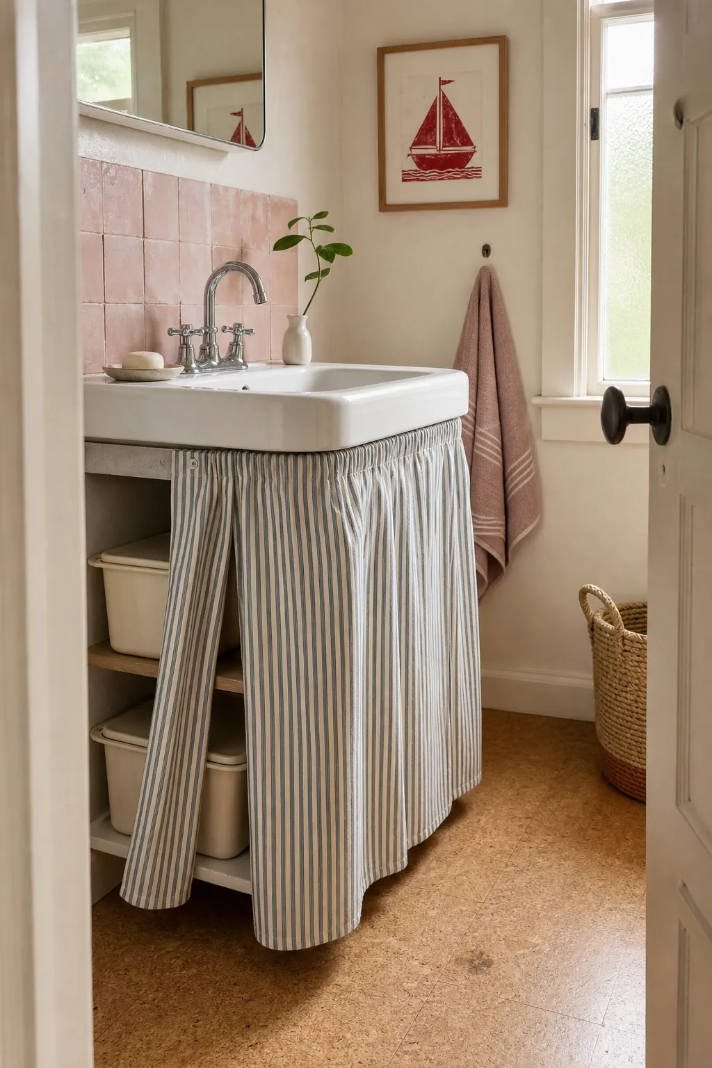 Narrow bathroom sink with a tailored striped skirt and pretty tile