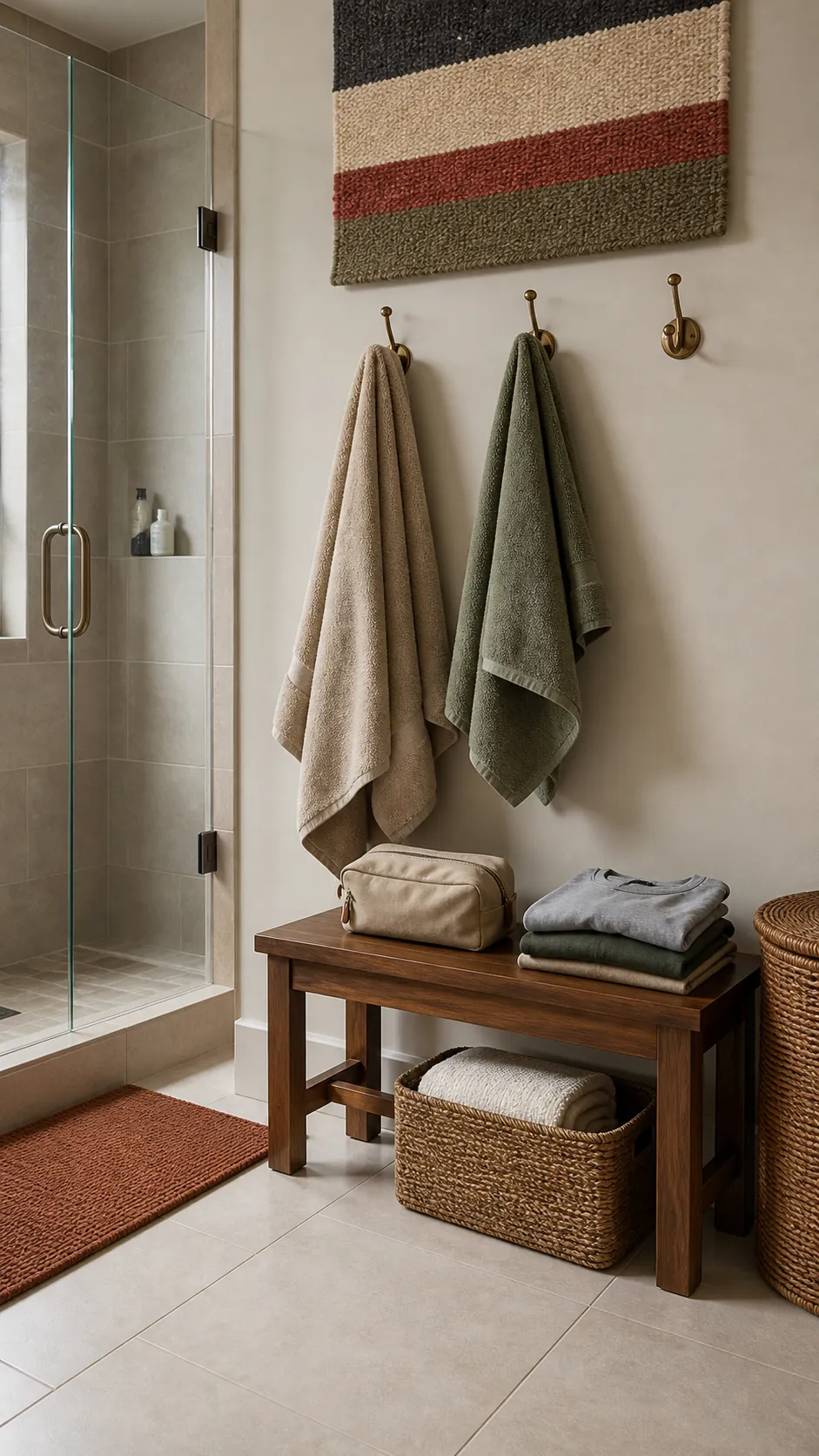 Guest bathroom with dry towels, open hooks, and a clear bench for clothes and toiletries