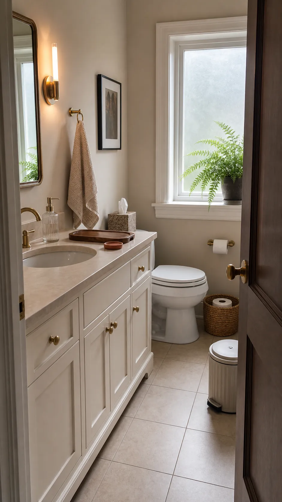 Warm guest bathroom with visible essentials, clean towels, and natural decor