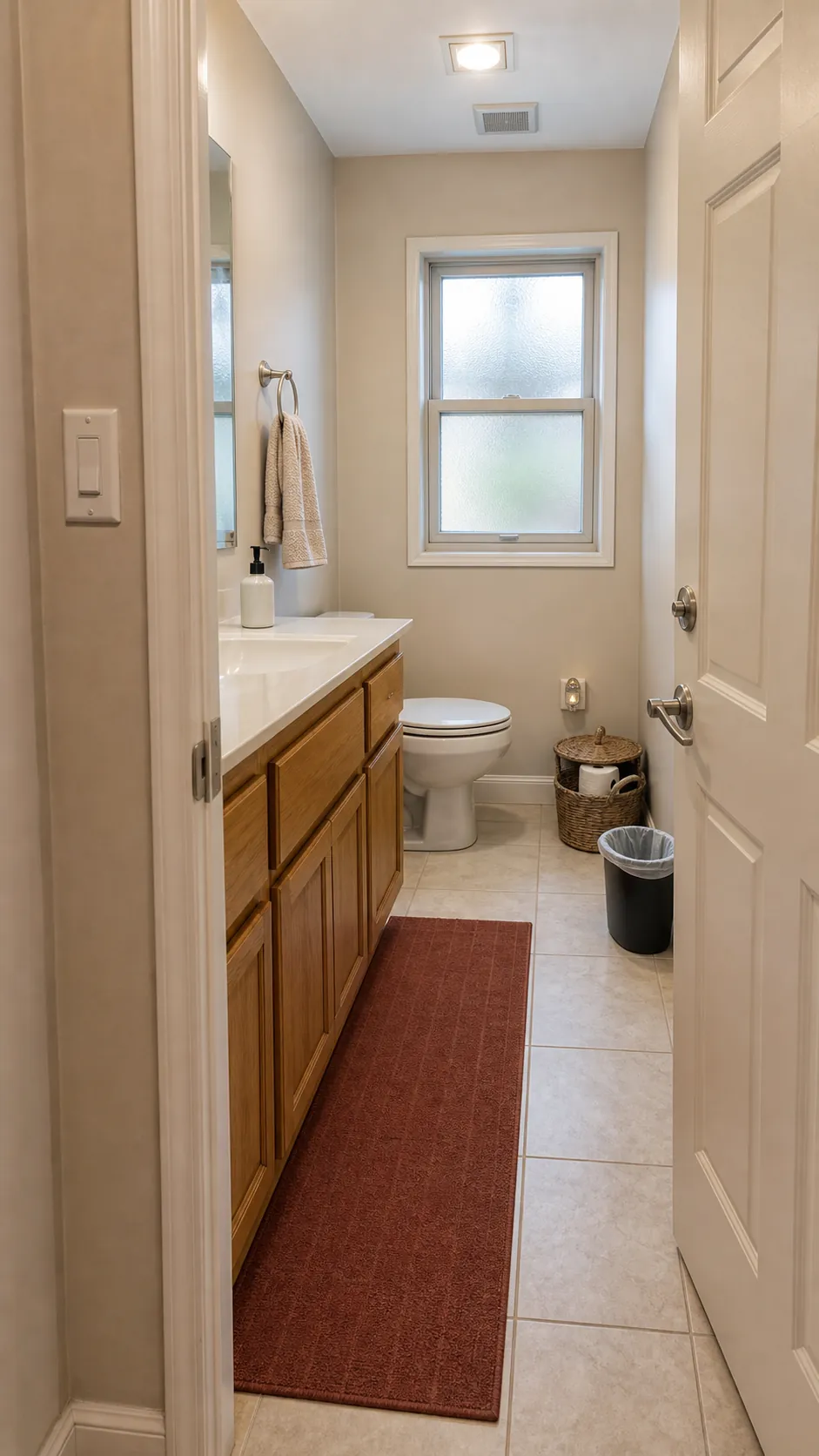 Clean guest bathroom viewed from the doorway with a clear path and visible essentials