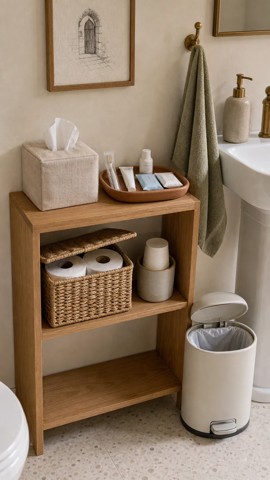 Guest bathroom essentials arranged clearly with soap, spare toilet paper, tissues, and lined bin