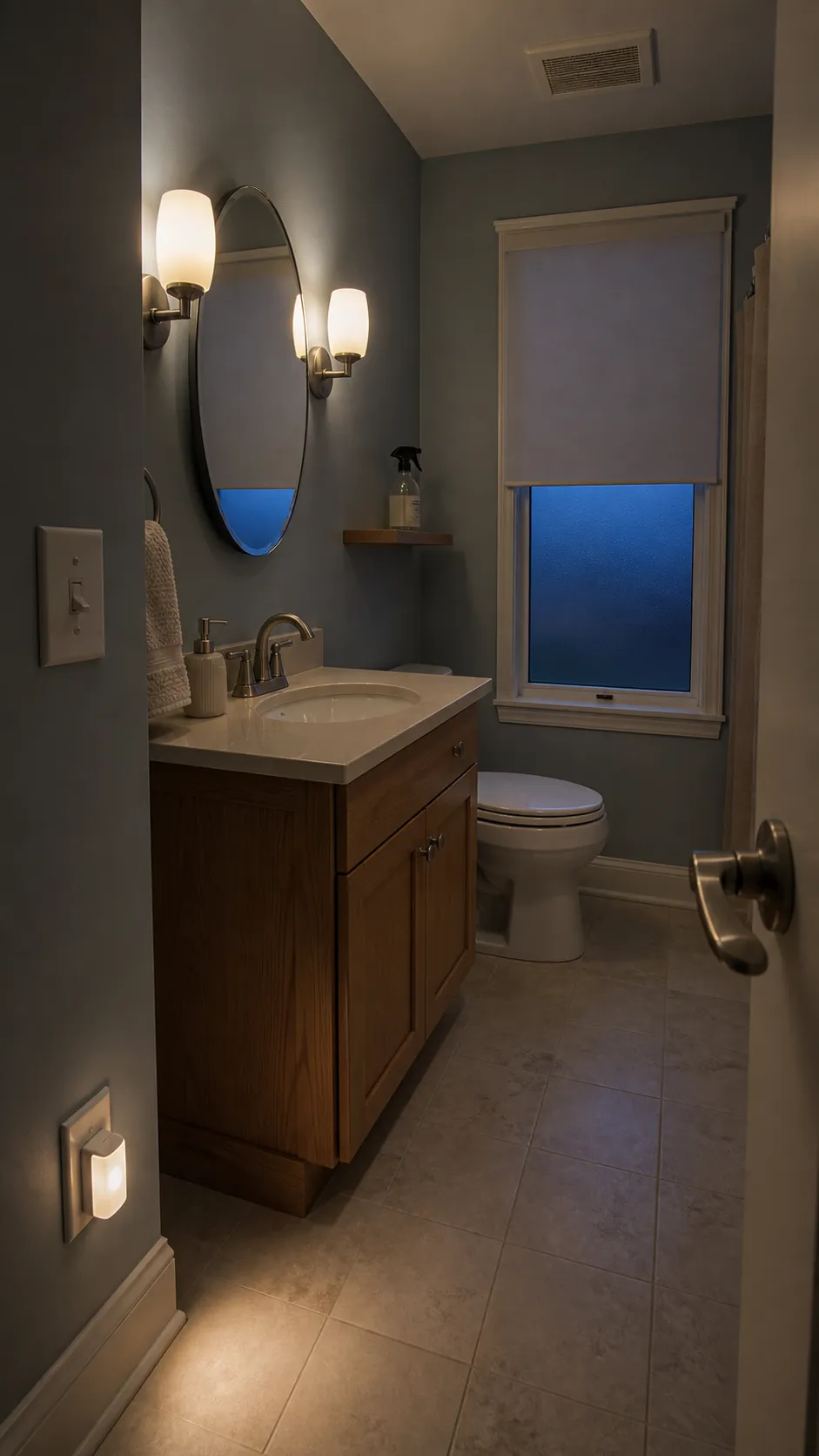 Guest bathroom with warm mirror lighting, soft night light, and private frosted window