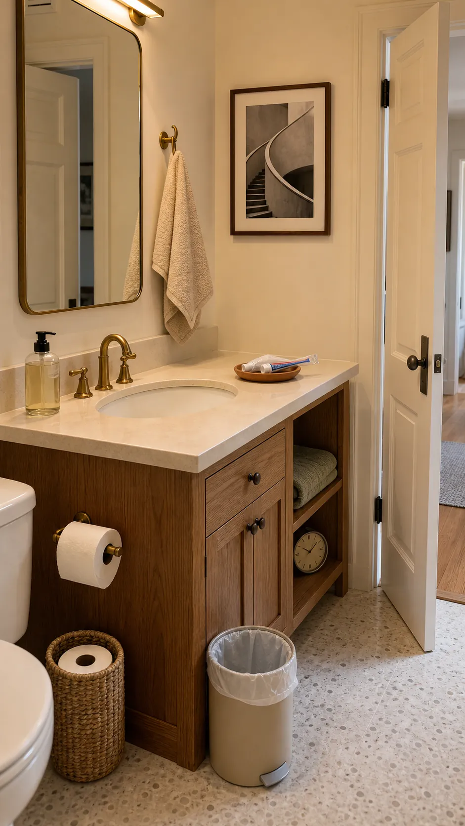 Guest-ready bathroom final reset with clean sink, full soap, dry towel, and spare supplies