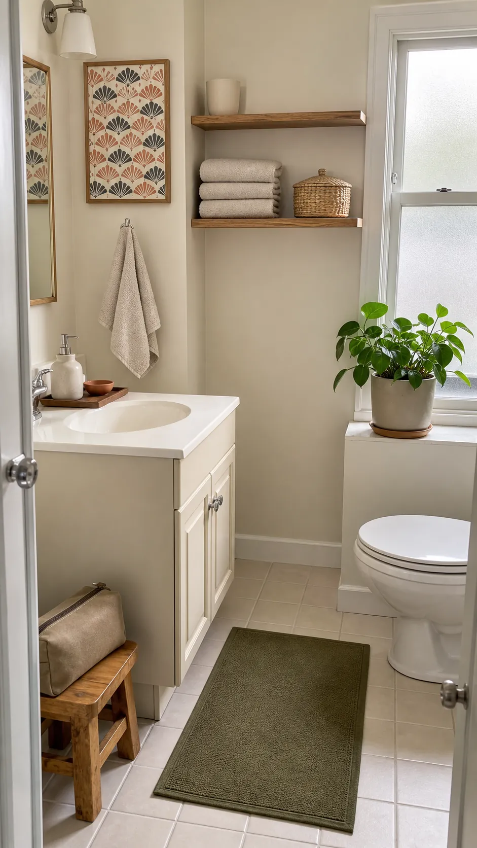 Natural guest bathroom decor with oatmeal towels, clay accessories, and clear shelves