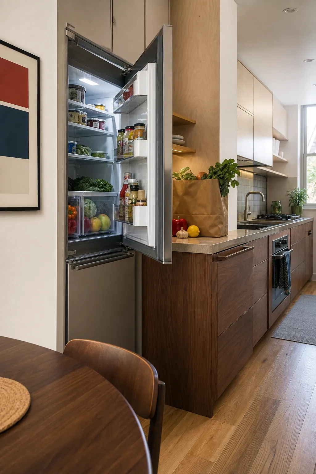 Compact tiny house kitchen with refrigerator positioned at the accessible end