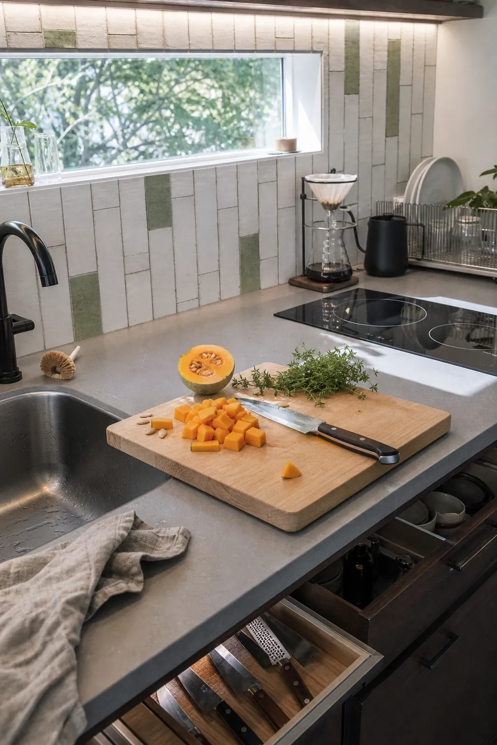 Tiny house kitchen with an uninterrupted prep counter between sink and cooktop