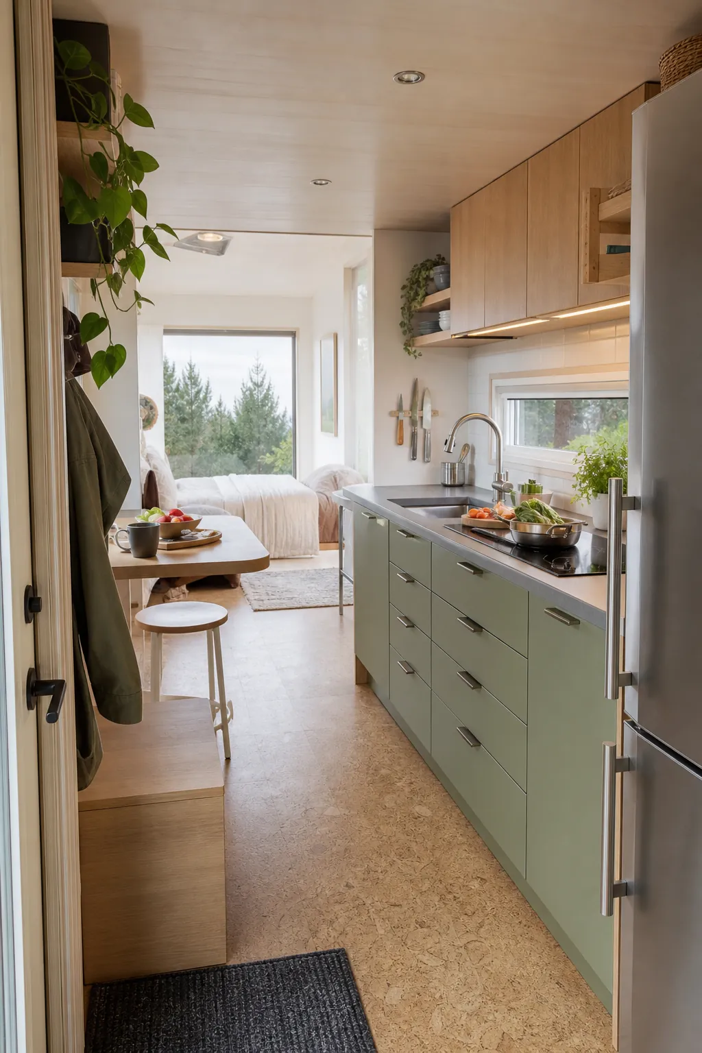 Tiny house kitchen layout with clear access and efficient cooking flow