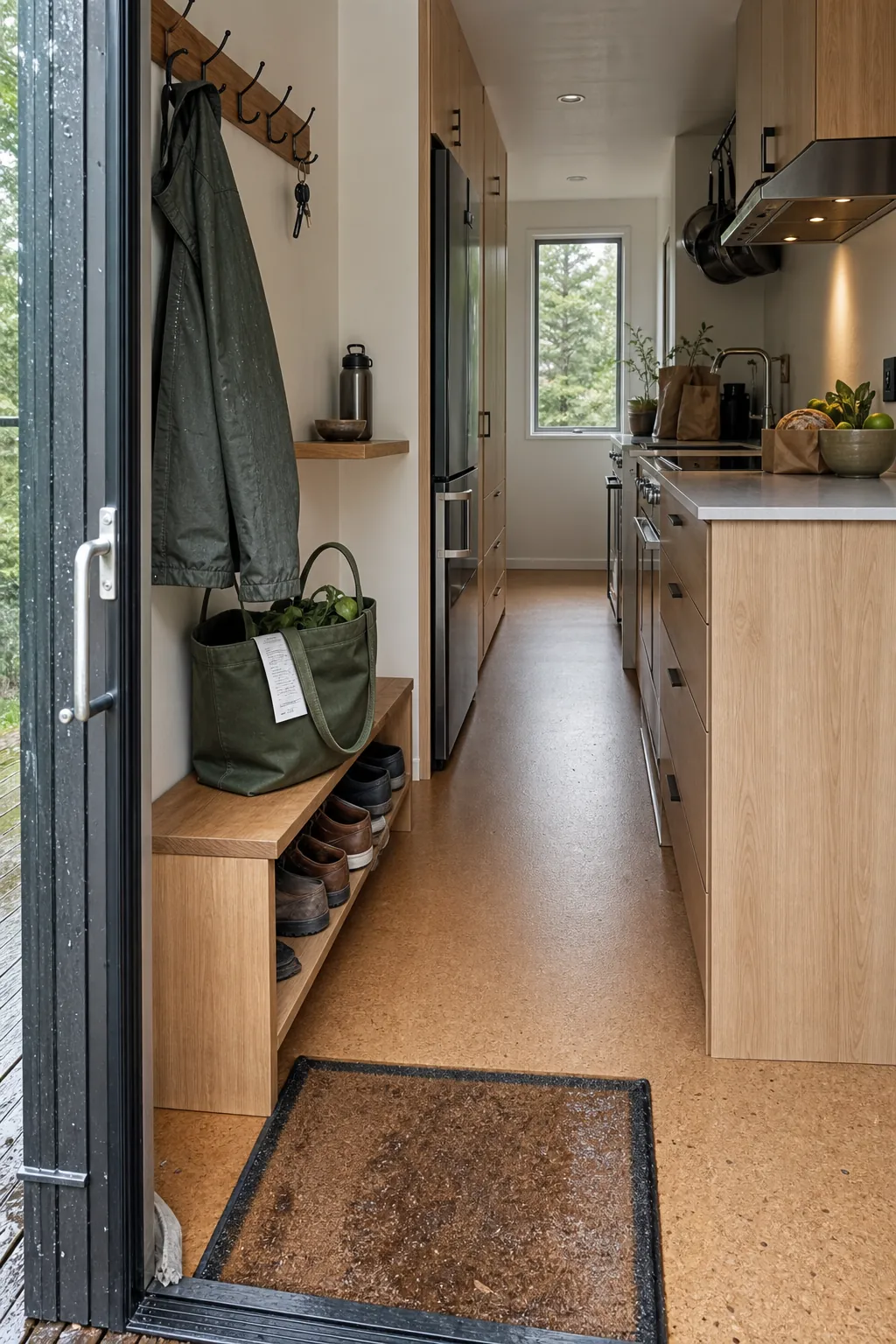 Tiny house entry beside a kitchen with a clear route and separate drop zone
