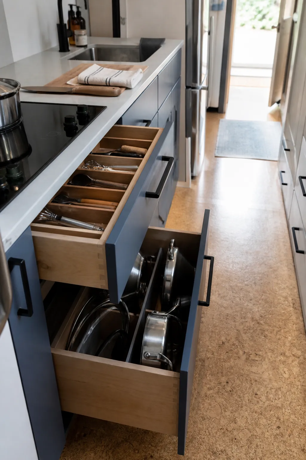 Accessible deep drawers in a tiny house kitchen clear of the main path