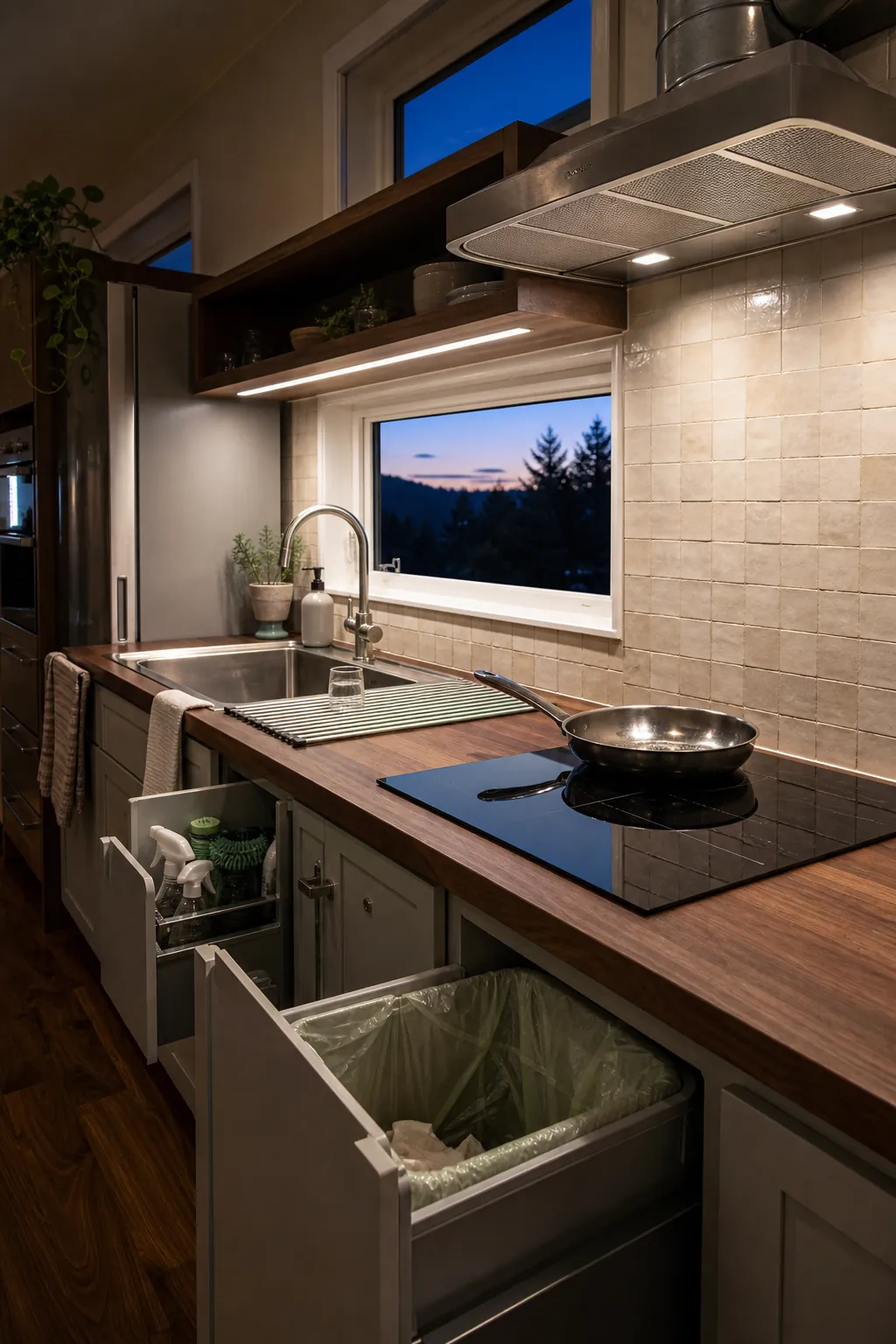 Well-lit ventilated tiny house kitchen with an easy cleanup zone