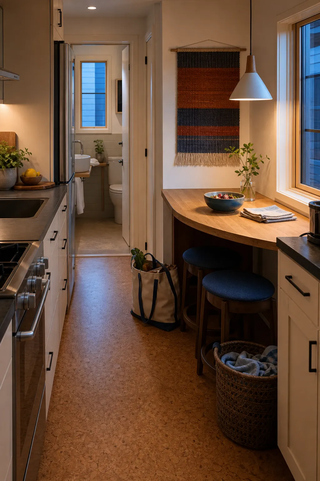 Tiny house kitchen layout with a clear passing pocket beside dining