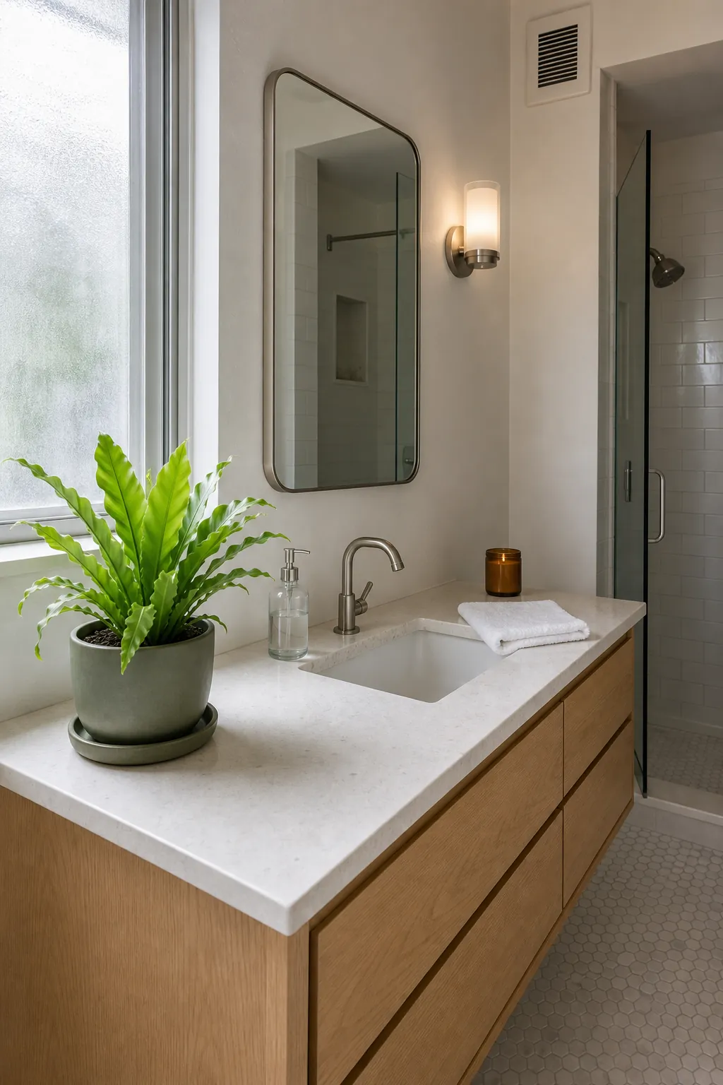 Small fern on a bathroom vanity near soft window light