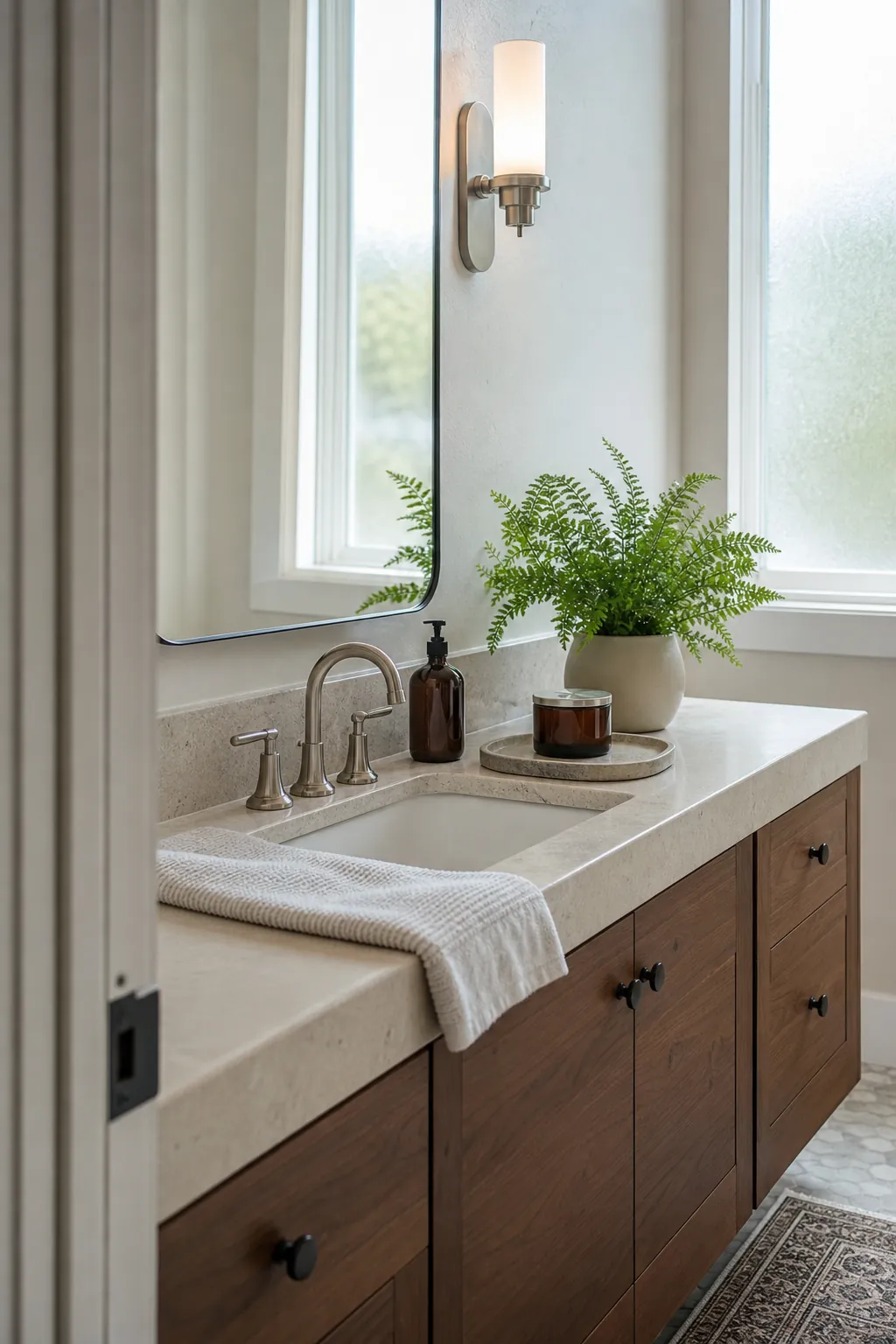 Bathroom vanity decor with a healthy plant candle and clear counter