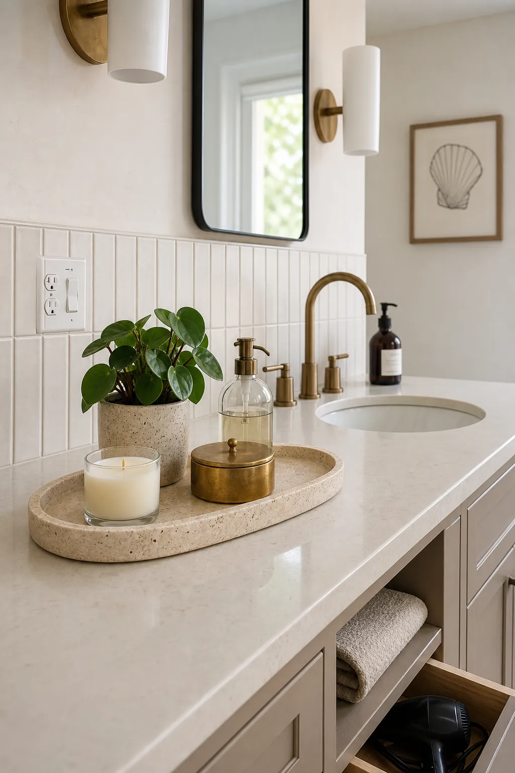 Bathroom vanity tray styled with a plant candle and soap