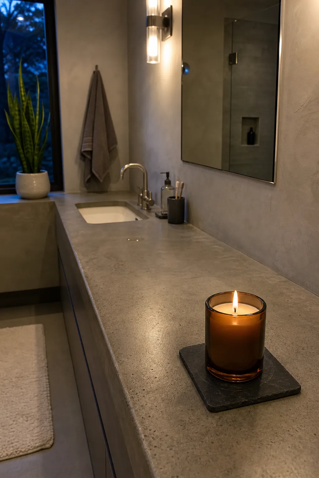 Bathroom candle placed safely on a dry stone tray away from towels