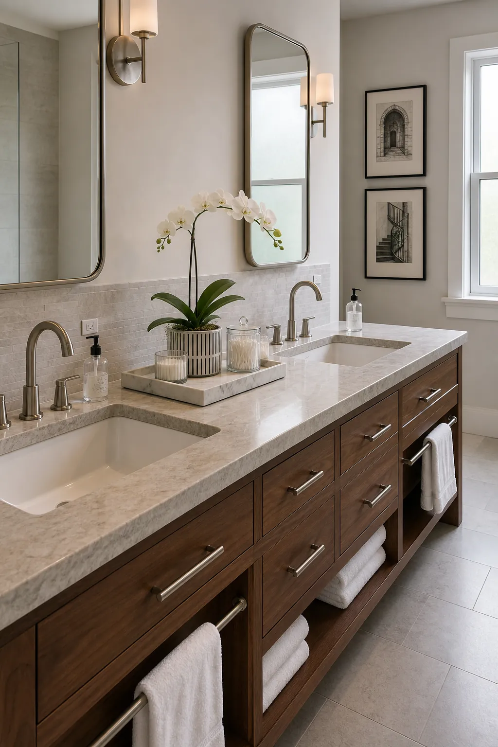 Double bathroom vanity with central greenery and restrained candle decor