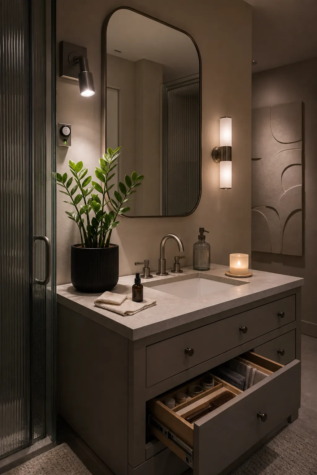 Calm evening bathroom vanity with a plant and warm battery candle