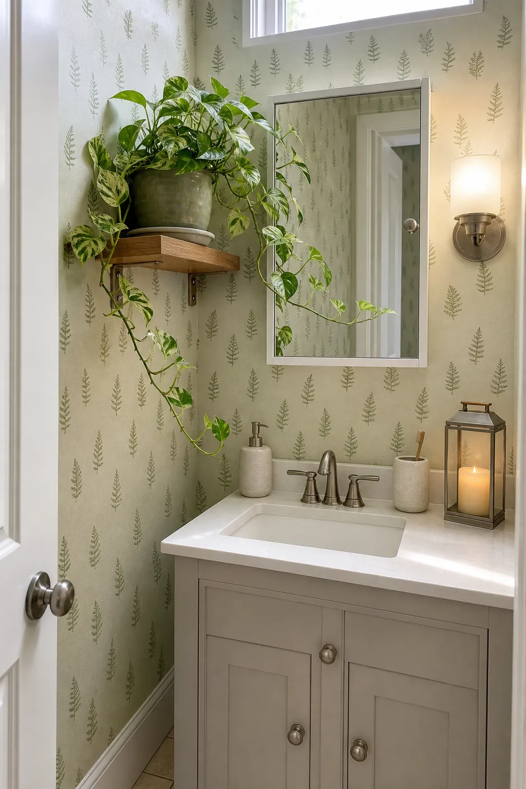 Trailing pothos on a shelf above a compact bathroom vanity