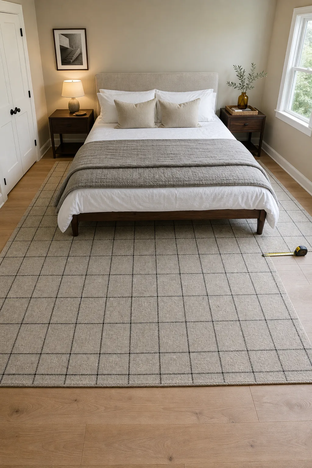 Measured bedroom rug extending beyond the sides and foot of a beige bed