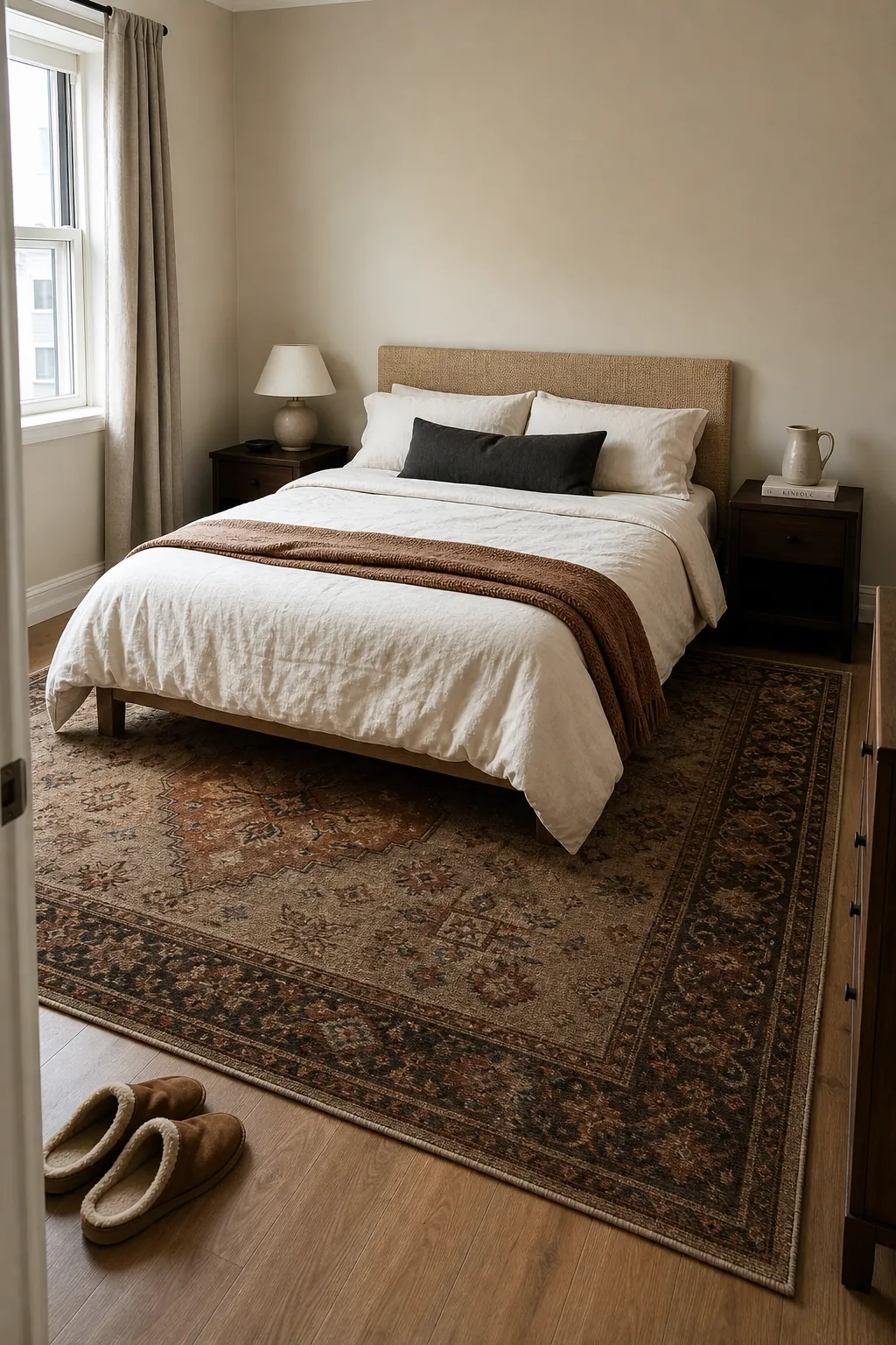Beige bedroom with a contrasting taupe and rust area rug under the bed