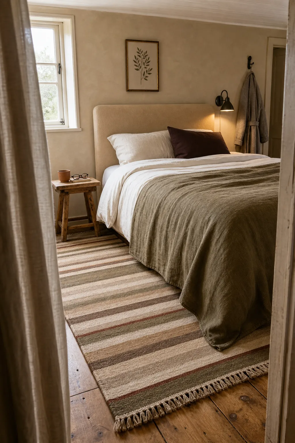 Warm beige bedroom styled with an oatmeal rug and muted olive accents