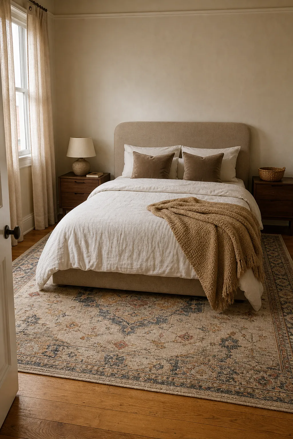 Layered beige bedroom with a well-sized textured area rug under the bed