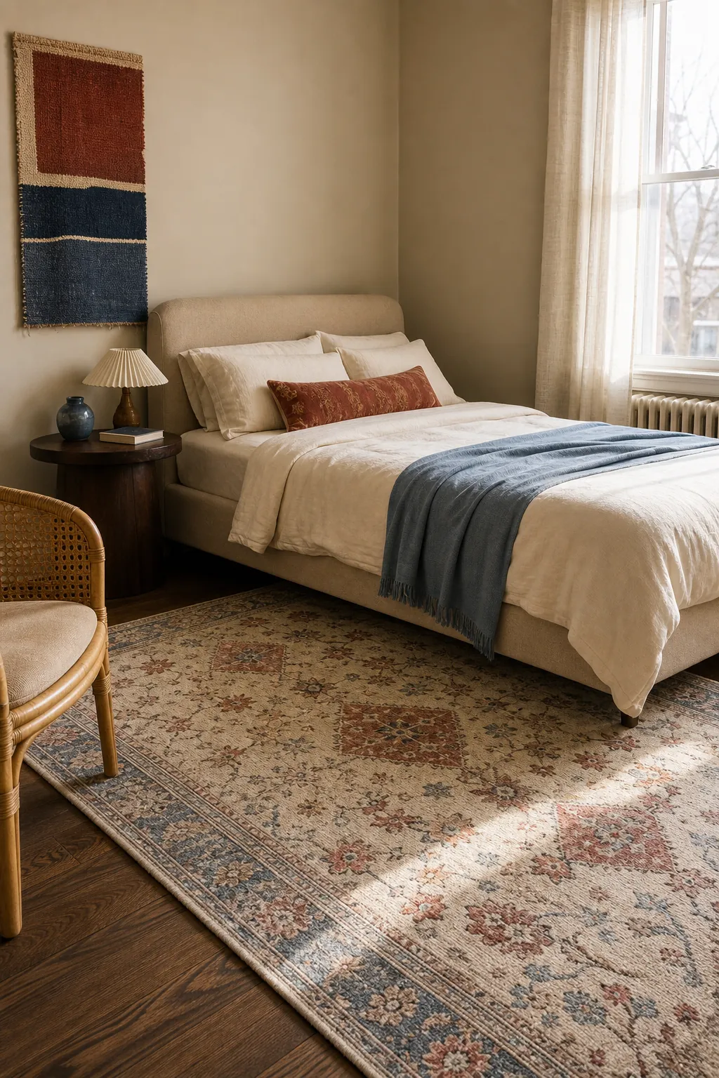 Beige bedroom with a softly patterned rug in rust blue and cream