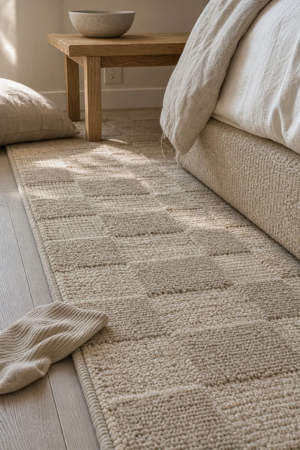 Close view of a textured oatmeal wool rug beside a beige upholstered bed