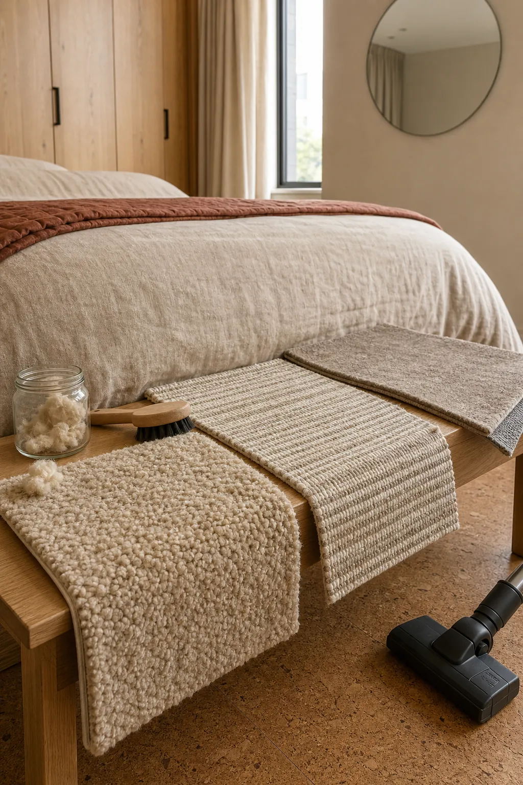 Wool cotton and low-pile rug samples compared beside neutral bedroom fabrics
